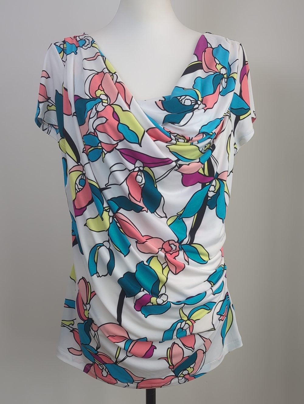 Worthington Floral Cowl Neck Cap Sleeve Blouse Top LARGE